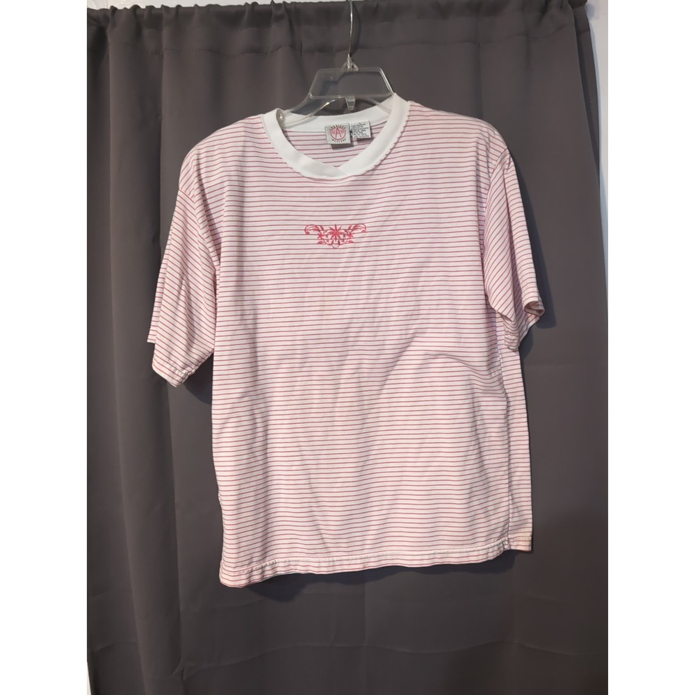 American Weekend Women's Large Shirt, Red Striped Embroidered Top, Short Sleeves